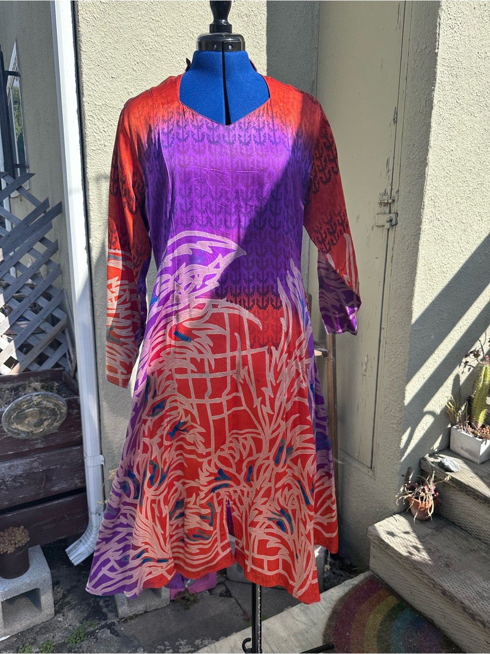 Vintage Silk Vibrant Purple & Red Printed A-Line Women's Dress